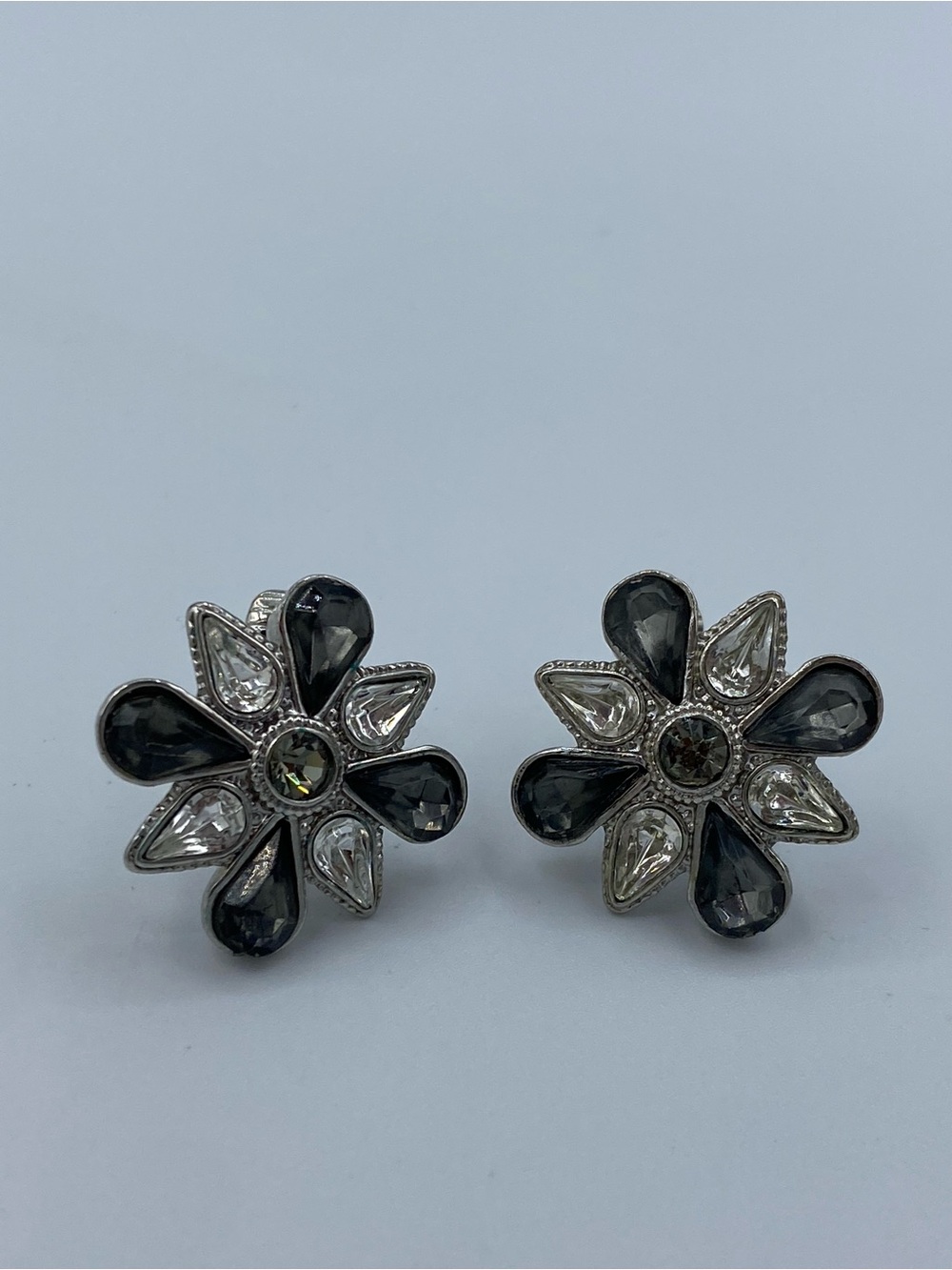 Vintage Avon Silver-Tone Black and Clear Flower Clip On Earrings